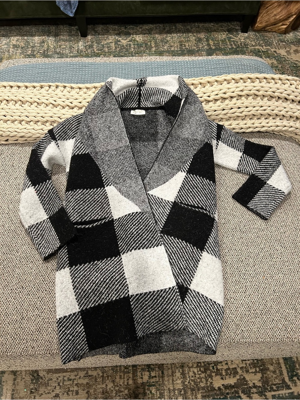 RD Style Black and White Buffalo Check Open Front Cardigan